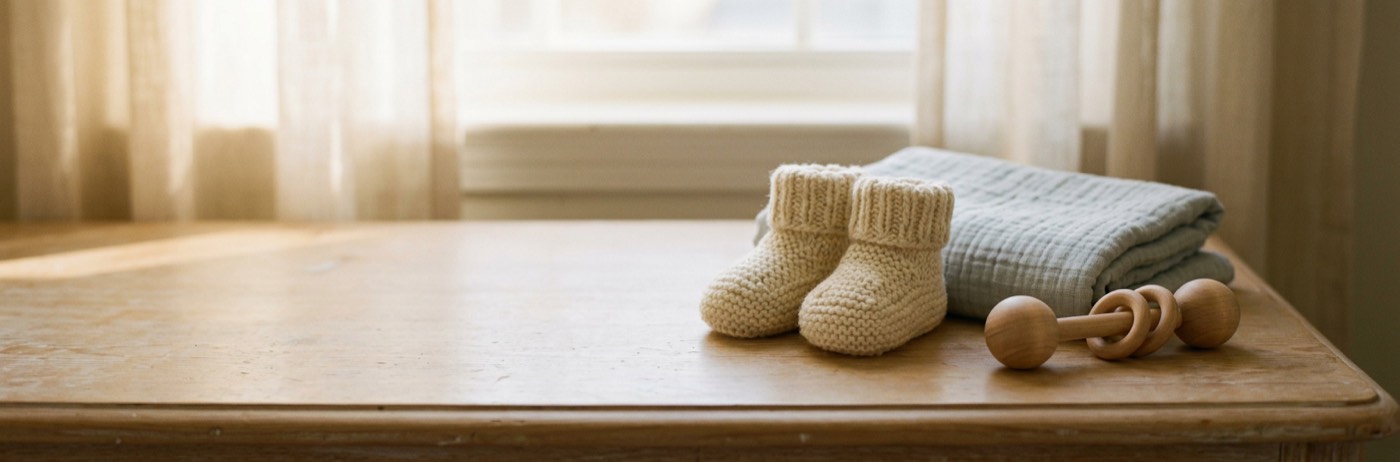 Chaussons tricotés, lange plié et hochet en bois sur une commode, lumière du matin