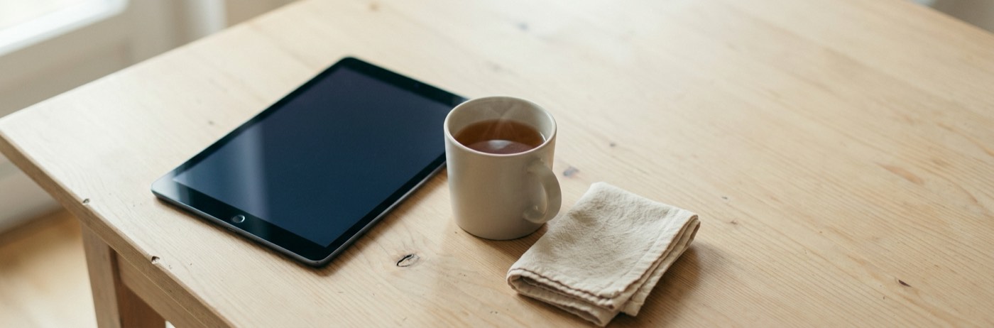 Une tablette posée sur une table claire à côté d'une tasse, lumière du matin