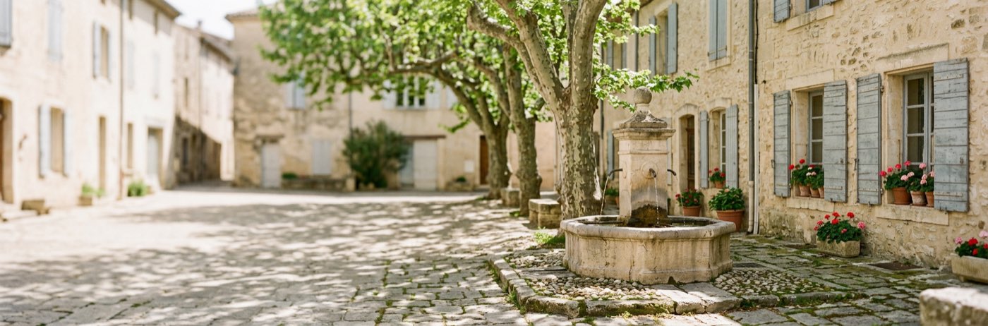Place de village français au printemps, fontaine en pierre et platanes